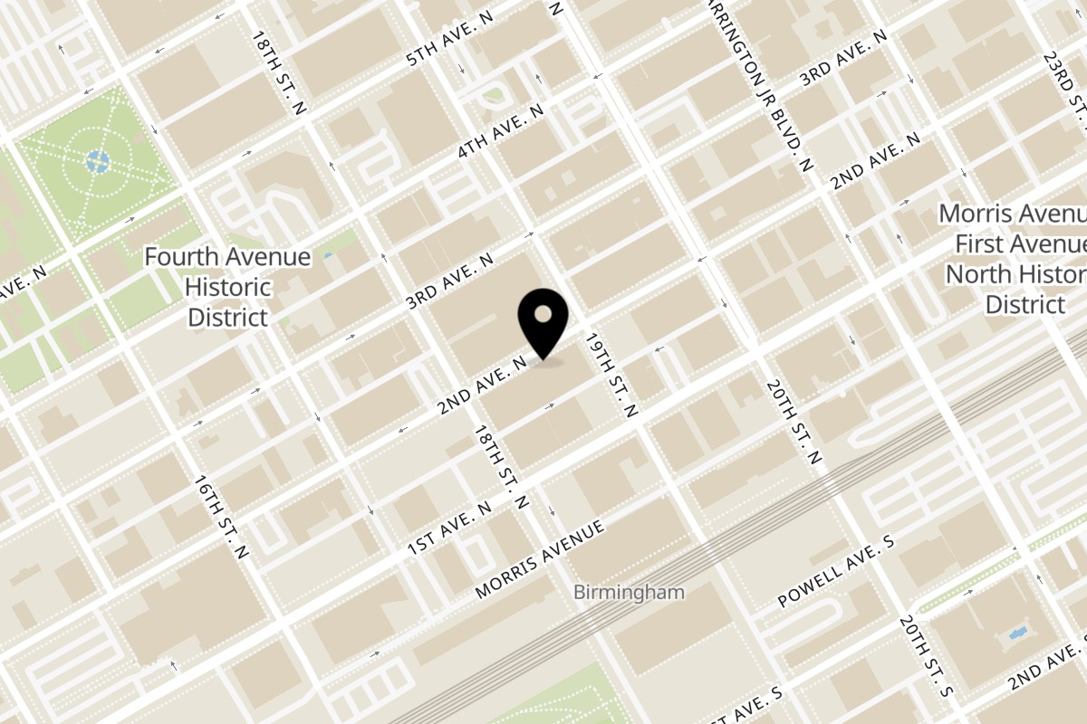 Map showing the location of Thai Esane on 1821 2nd Ave N in Birmingham